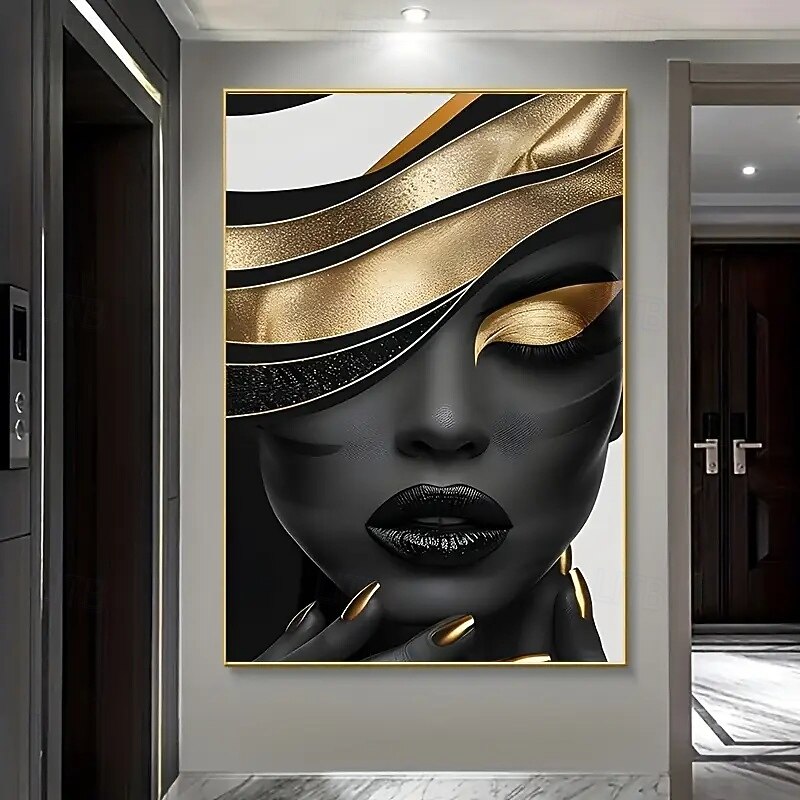 1 Large Size Unframed Canvas Art - Surreal Black and Gold Female Portrait Elegant Wall Decor Modern Abstract for Living Room and Bedroom3