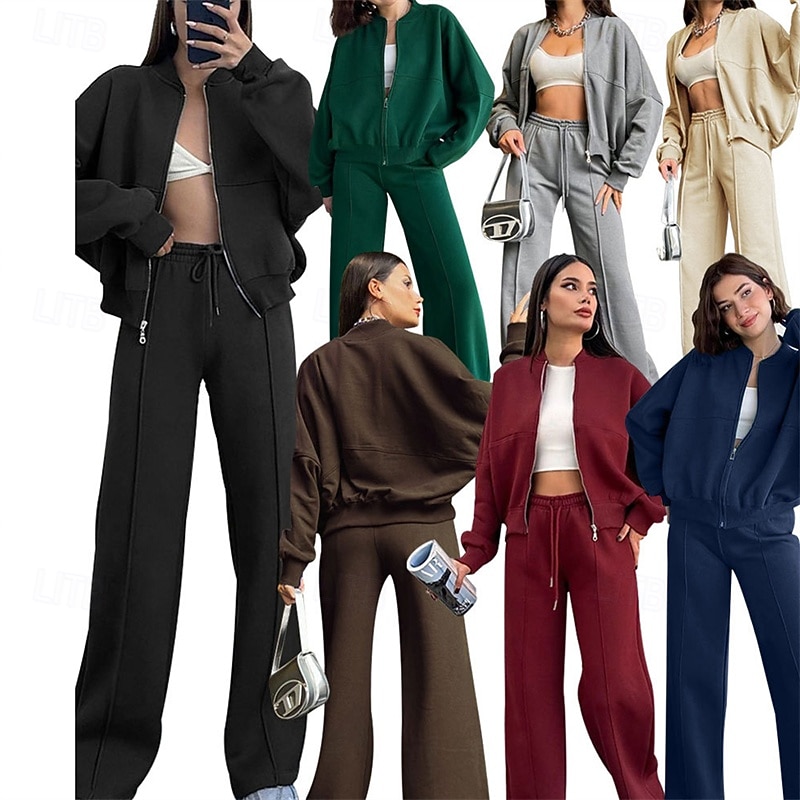 Women's Tracksuit Zip Up Sweatshirt Wide Leg Pants Pocket Solid Colored Clothing Suit Fall Black Burgundy Gym Workout Sports Windproof Long Sleeve Sport Activewear Micro-elastic Regular Fit