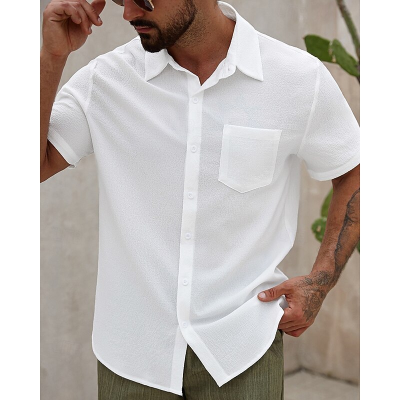 Men's Shirt Summer Shirt Casual Shirt Beach Shirt Button Up Shirt White Short Sleeve Plain Lapel Vacation Hawaiian Clothing Apparel Polyester Fashion Casual Comfortable3