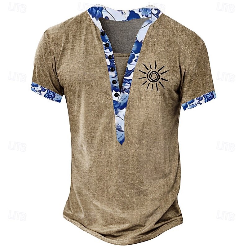 Men's Floral T Shirt Henley Shirt Tee Short Sleeve Designer Basic Ethnic Outdoor Casual Daily Summer Light Green Dark Brown Khaki Henley Henley T-Shirt