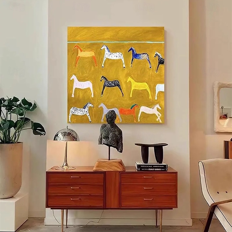 Mintura Handmade Yellow Horse Oil Paintings On Canvas Wall Art Decoration Modern Abstract Animals Picture For Home Decor Rolled Frameless Unstretched Painting4