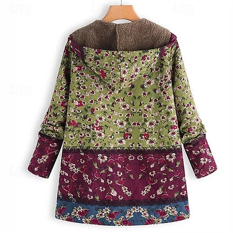 Women's Fleece Jacket Coat Hoodie Jacket Warm Comfortable Zipper Pocket Fashion Modern Casual Floral Going out Weekend Zipper Regular Hooded Regular Fit Long Sleeve Outerwear Blue Green Winter4