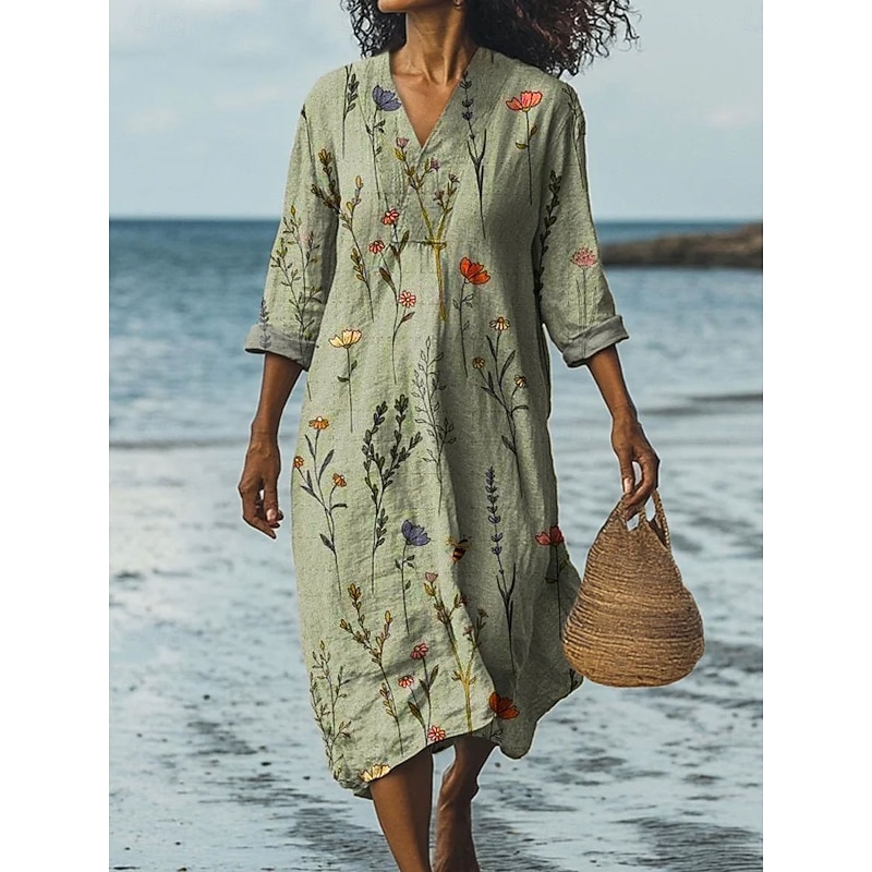 Women's Midi Dress V Neck Long Sleeve Kaftan Lightweight Loose Fit A Line Dress Casual Going out Floral Graphic Long Sleeve V Neck Red Blue Green3