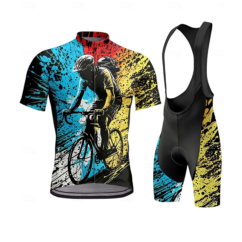 Men's Cycling Jersey with Bib Shorts Short Sleeve Blue Bike Sports Graphic Geometric Clothing Apparel - Main Image