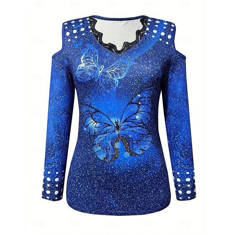 Women's Blouse Butterfly Daily Stylish Long Sleeve V Neck Regular Tops Daily Holiday Going out Cut Out Print Blue Purple Summer Spring4