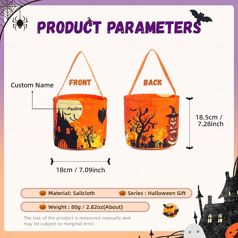 Personalized Name Halloween LED Treat Bag for Kids Custom Candy Tote Bag Basket for Trick or Treat, Glowing Pumpkin Ghost Theme, Light-Up Gift Bag with Name Embroidery, Perfect for Halloween Night and Party2