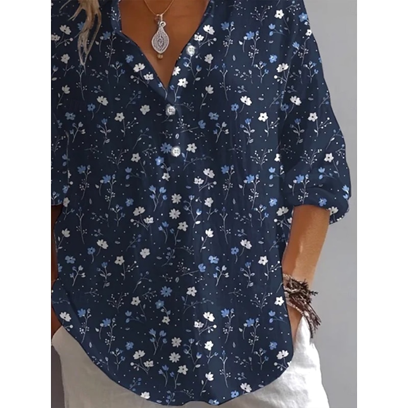 Women's Shirt Button Down Tunic Shirt Collar Long Sleeve Floral Graphic Vintage Tropical Daily Regular Tops Work Daily Holiday s Print Navy Blue Spring Fall3