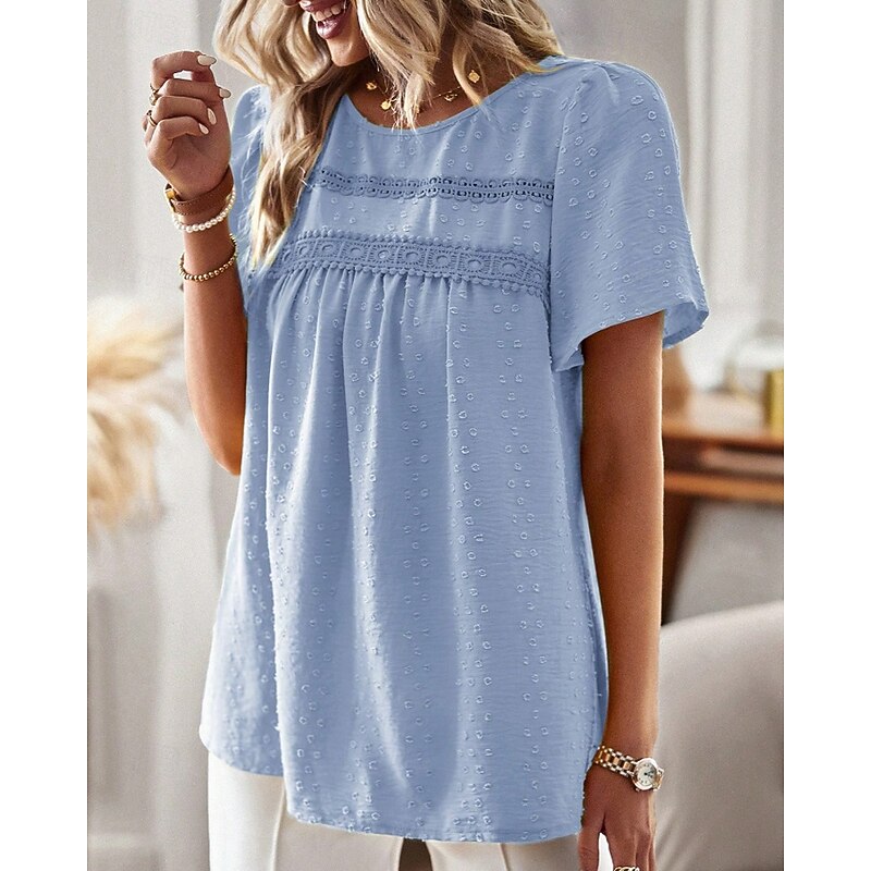 Women's Blouse Polka Dot Modern Casual Short Sleeve Crew Neck Regular Tops Daily Holiday Going out Patchwork White Pink Light Blue Summer4