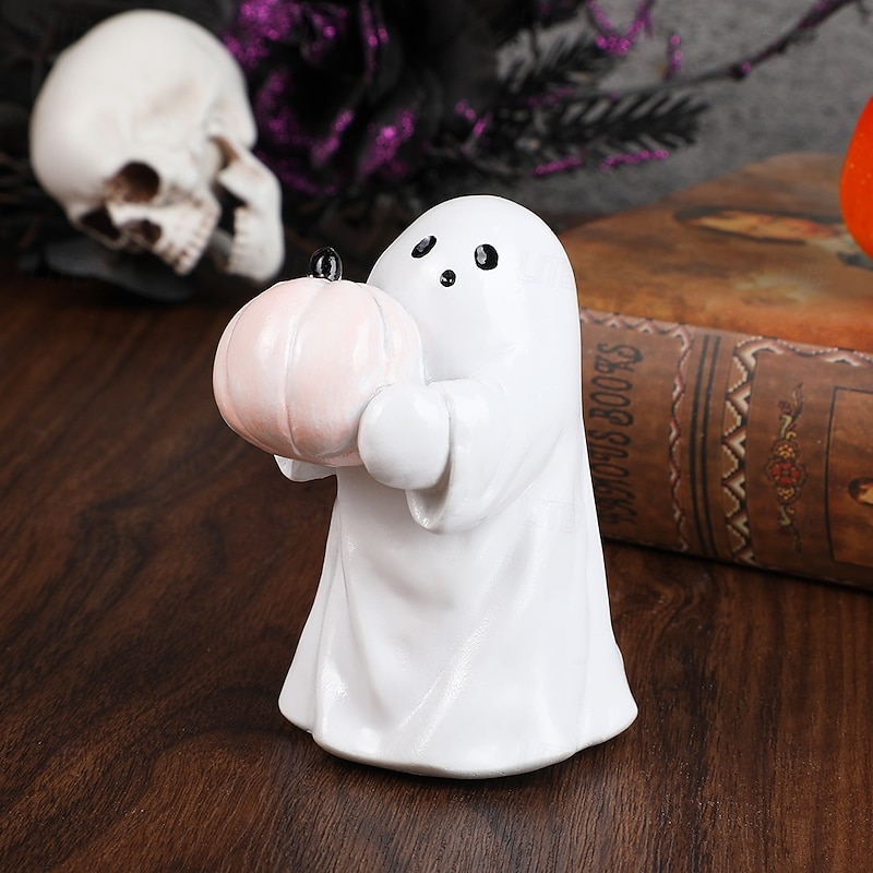 Halloween Cute Cute Ghost Decoration Figurine Holding Pumpkin, Resin Desktop Ornament for Holiday Party Atmosphere and Home Decoration
