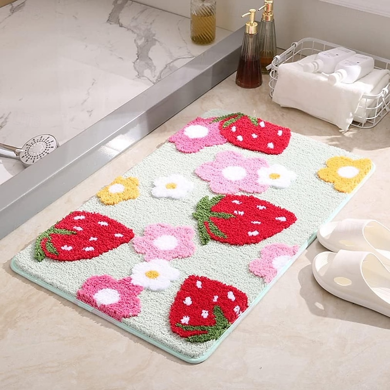Bathroom Rugs Cute Strawberry Bath Mat Colorful Bathroom Accessories, Funny Flower Rug Non Slip Floor Mat, Machine Washable Bath Rug Soft Microfiber Carpet for Shower, Tub3