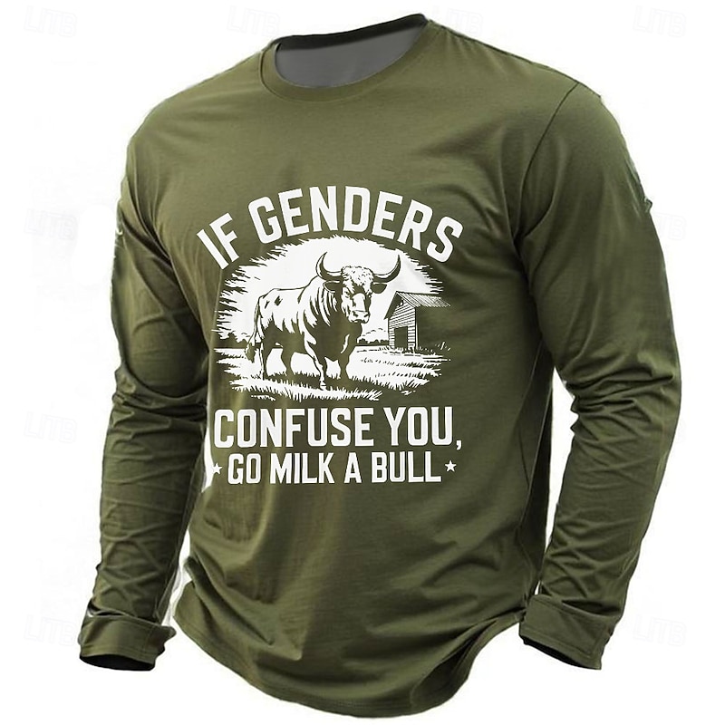 Men's Humorous Long Sleeve Graphic Tee with 'If Genders Confuse You, Go Milk A Bull' Idiomatic Wordplay Design