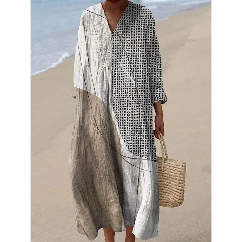 Women's Midi Dress V Neck Long Sleeve Kaftan Lightweight Loose Fit A Line Dress Casual Boho Going out Loose Fit Graphic Geometric Stripe Long Sleeve V Neck Ash Black Yellow Blue