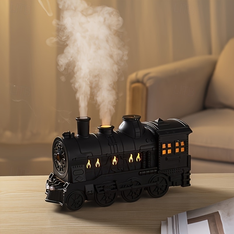 Retro Steam Train Humidifier With Fragrance Tray USB Power Supply Remote Control Operation Evaporative Work Suitable For Coverage Range Of 10-20 Square Meters Equipped With Simulated Flames