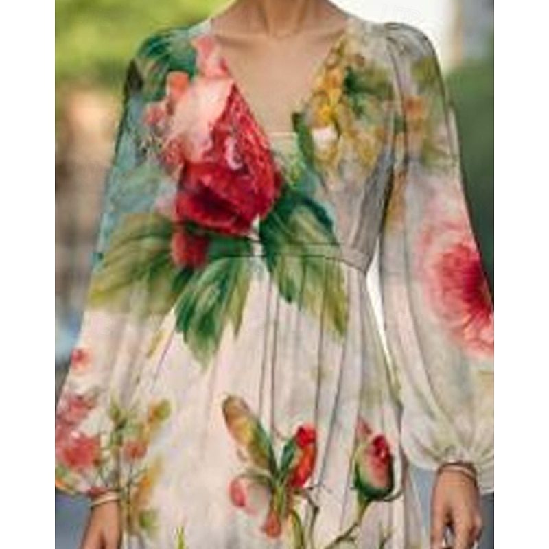 Women's Midi Dress Casual Dress Print Dress Elegant Fashion Outdoor Party Holiday Regular Fit Flower Long Sleeve V Neck Green Summer Spring2