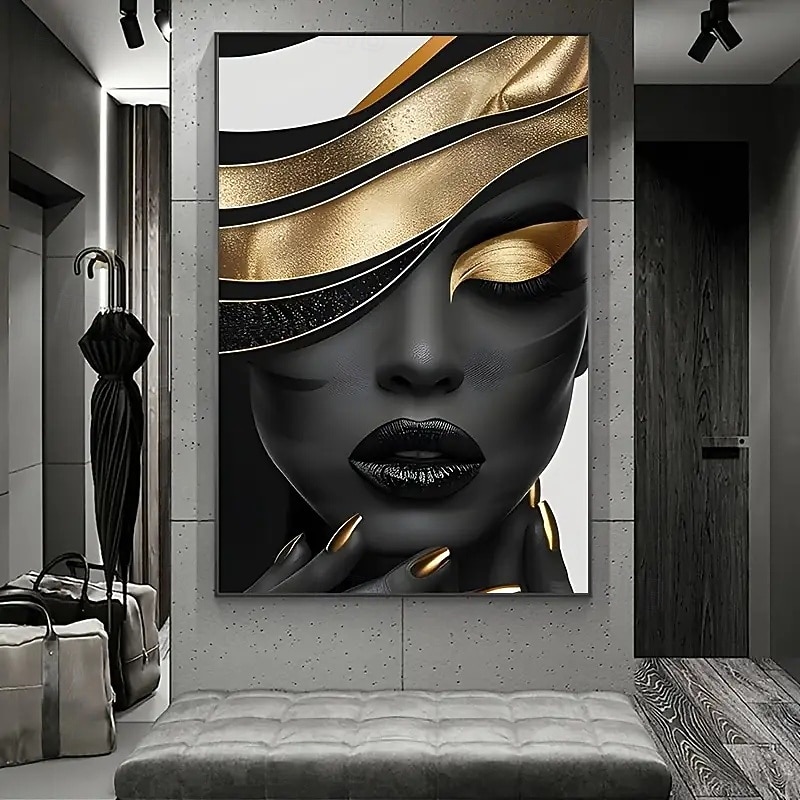 1 Large Size Unframed Canvas Art - Surreal Black and Gold Female Portrait Elegant Wall Decor Modern Abstract for Living Room and Bedroom