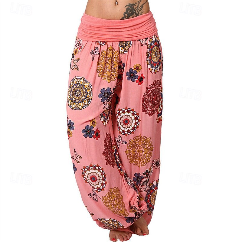 Women's Pants Trousers Harem Pants Palazzo Pants Fashion Boho Full Length Mid Waist Print Elastic Waist Comfy Comfortable Micro-elastic Street Daily Wear Going out Black White Yellow Pink Summer4