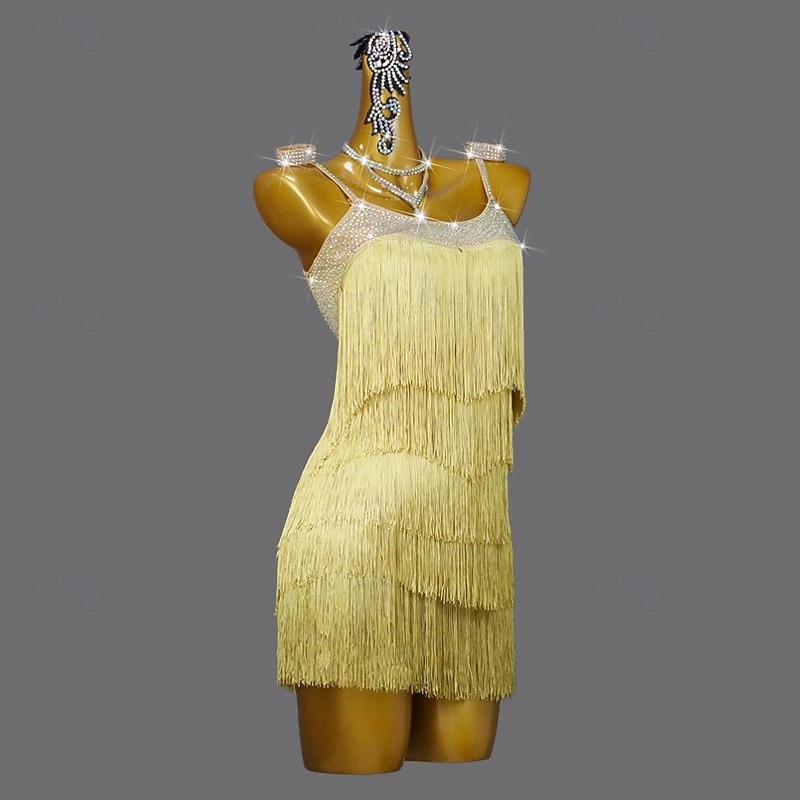 Latin Salsa Dance Dress Crystal / Rhinestone Tassel Pure Color Women's Performance Sleeveless Spandex4