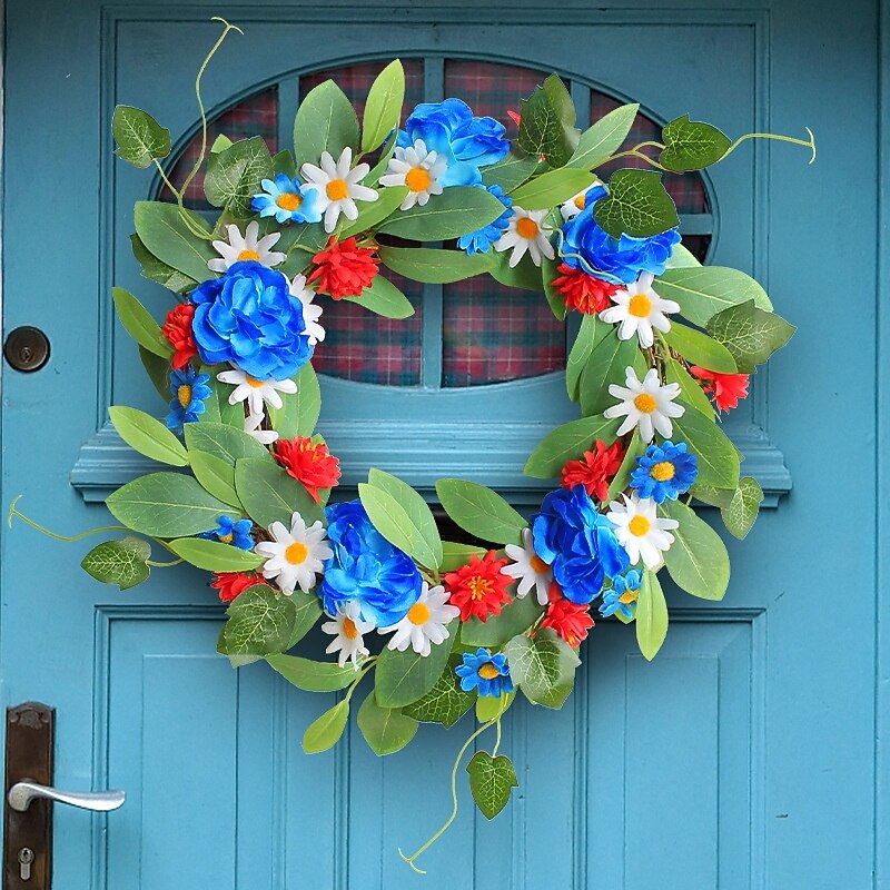 Patriotic Daisy Wreath for 4th of July, Red White Blue Faux Twig Flower Garland, Independence Day Door Wall Hanging Decor3