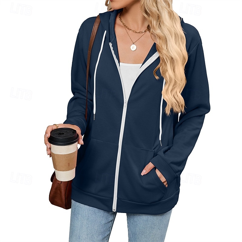Women's Zip Up Sweatshirts Plain Streetwear Casual Comfy Long Sleeve Hooded Regular Tops Street Holiday Going out Zip Up Pocket Black Pink Wine Navy Blue Blue Fall4