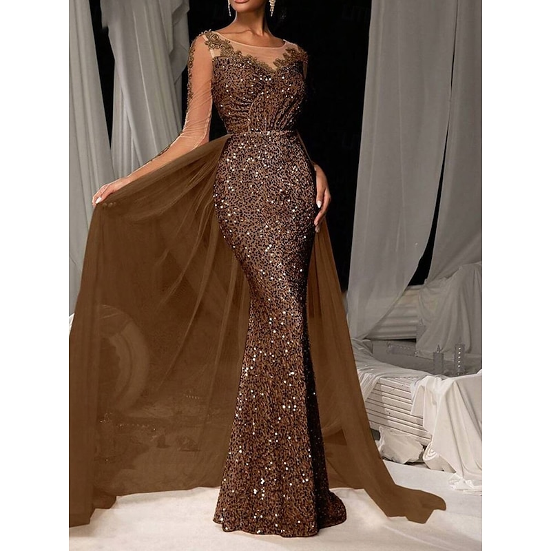 Mermaid / Trumpet Evening Gown Elegant Dresse Embroidered Lace Applique Formal Wedding Floor Length Long Sleeve Crew Neck Tulle with Sequin Skirt
