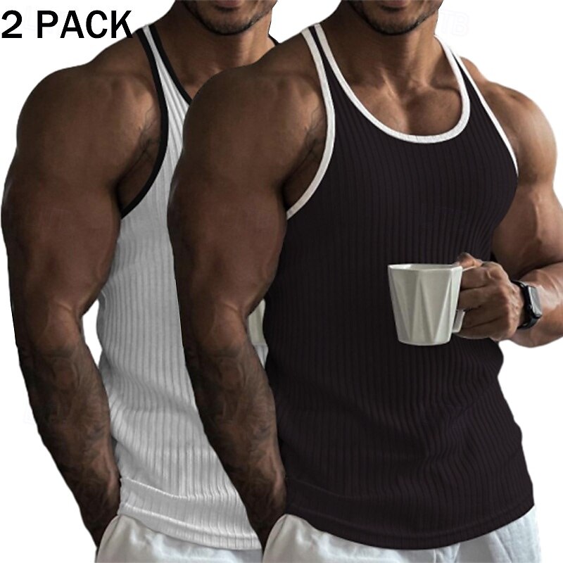 2 Piece  Men's Tank Top Wife beater Shirt Sleeveless Crew Neck Summer Color Block Pit Strip Fashion Designer Sporty Outdoor Casual Going out White Black Top Tee for Men2