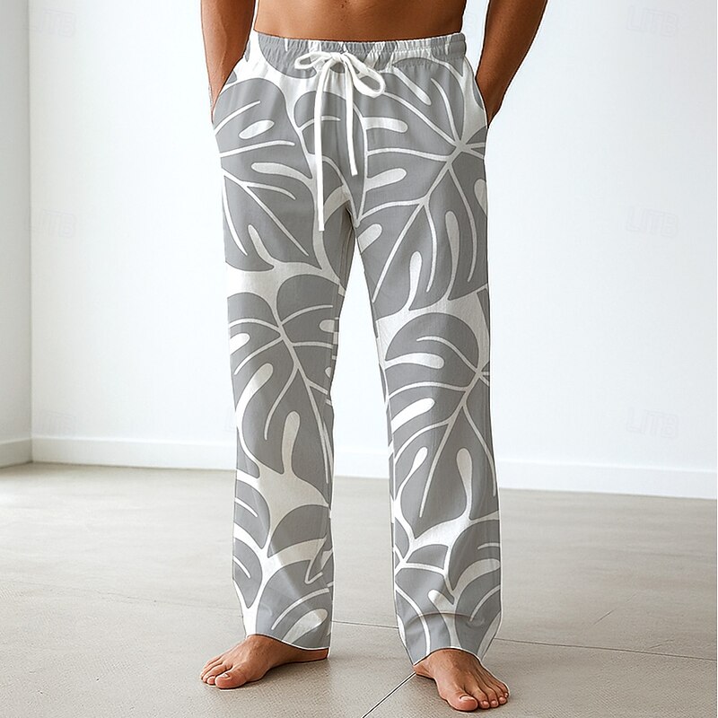 Men's Palm Leaf Tropical Plants Trousers Baggy Pants Casual Pants Mid Waist Hawaiian Vacation Holiday Beach Wear Drawstring Elastic Waist Wide Leg Summer Spring 3D Print Blue Green Gray2