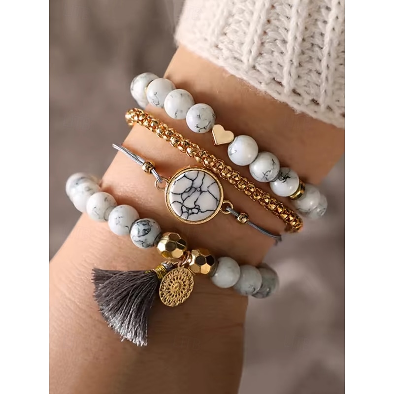 Women's Howlite Beaded Bracelet Set – Boho Layered Stack with Heart Charm, Marble Pendant and Tassel for Casual Wear, Beach Outfits and Gifts2