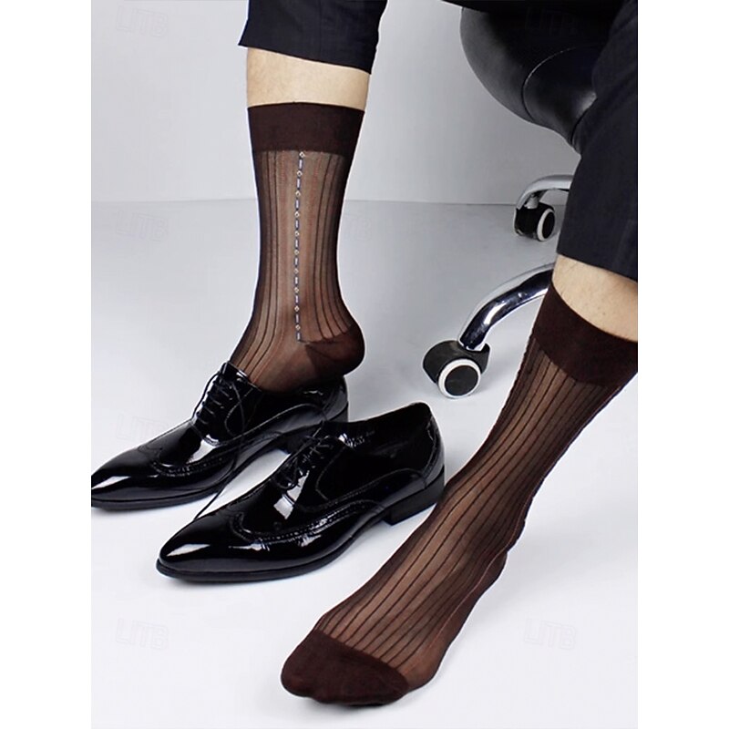 Men's transparent business dress socks, Retro vertical stripes, Breathable thin nylon mid-calf socks, Suitable for office professionals and formal occasions2