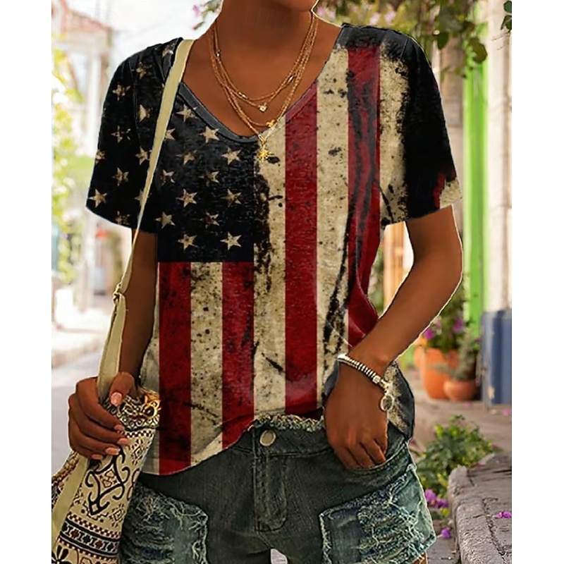Women's Patriotic  T Shirt Graphic Geometric Star Vintage Stylish Classic Short Sleeve V Neck Regular Tops Daily Weekend Print Black White Yellow Red Blue Summer Spring3