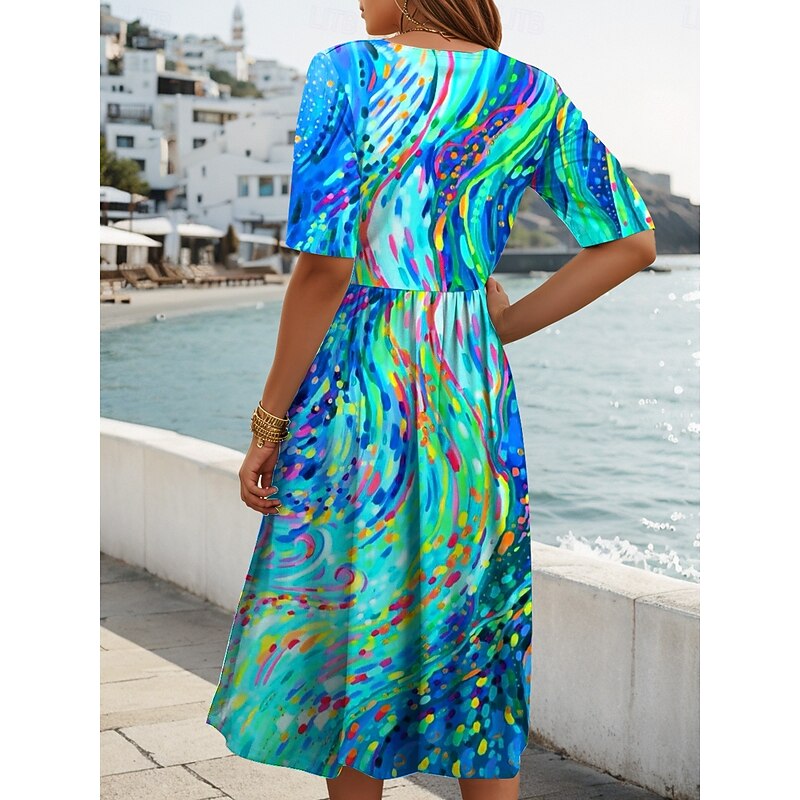 Women's Midi Dress Summer Dress Pleated Dress Vacation Casual Holiday Loose Fit Graphic Geometric Abstract Half Sleeve Crew Neck Red Blue Purple Green Summer2