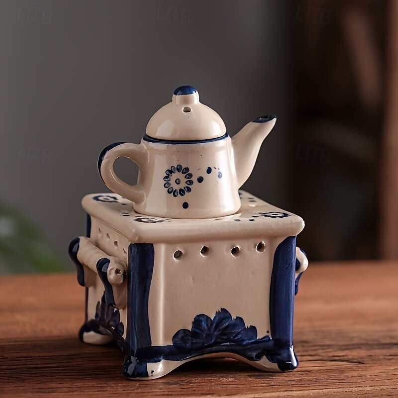 Blue & White Ceramic Teapot Candle Holder  Aromatic Oil Heater with Floral Patterns Elegant Home Decor for Holidays Valentines Day and Tea Lovers4