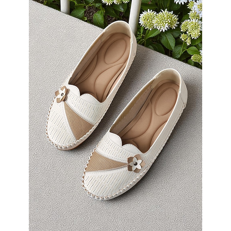 Women's White Perforated Loafers with Flower Detail – Soft Casual Flats for Garden Strolls, Driving and Everyday Comfort4