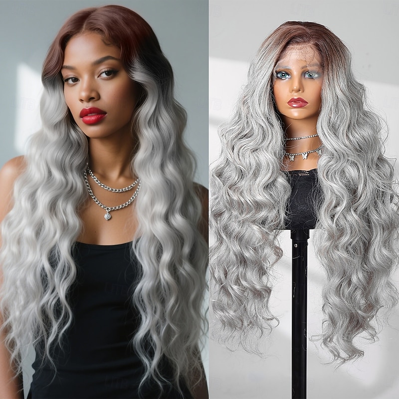 Synthetic Lace Wig Body Wave Style 28 inch Gray Middle Part 13x4 Lace Front Wig Women's Wig Silver grey