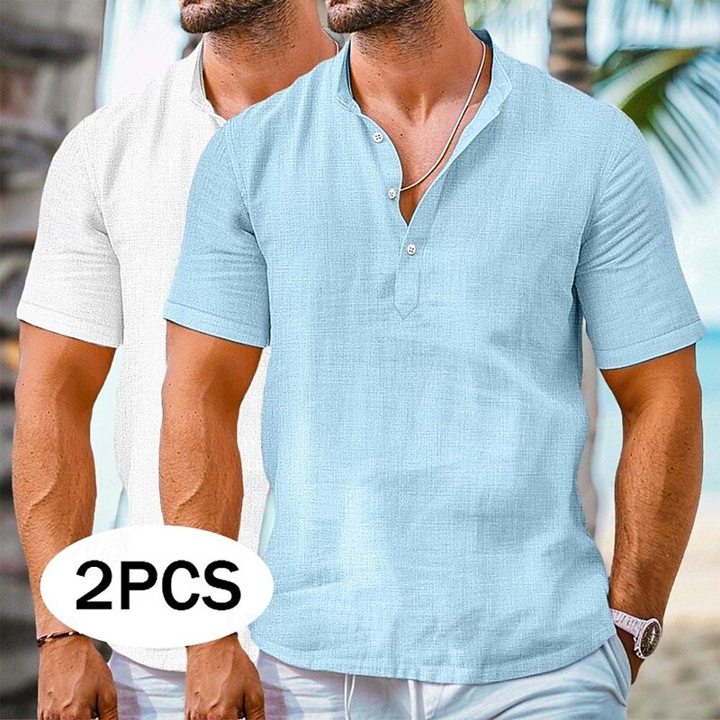 Men's Shirt Linen Shirt Band Collar Shirt Popover Shirt Summer Shirt Beach Wear Plain Vacation Curise Green+Gray White+Pink Black+Navy Blue Gray+Khaki Short Sleeve Henley Summer Clothing Apparel Plain