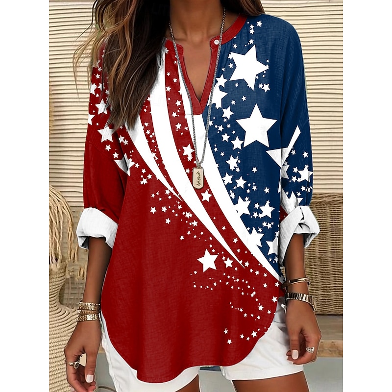 Women's Blouse Tunic V Neck Long Sleeve Boho Casual Patriotic Flag Red White And Blue Short Sleeve Regular Tops Daily Print Red Light Brown Blue