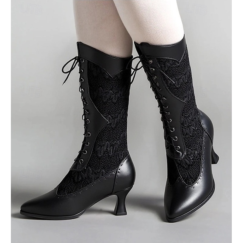 White Women's Victorian-Style Lace-Up Boots with Lace Details and Mid Heels for Elegant and Vintage Wear