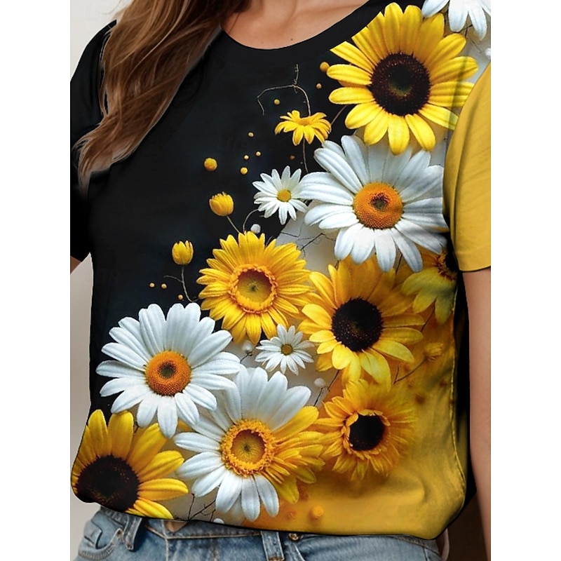 Women's T Shirt Floral Graphic Plants Vintage Stylish Classic Short Sleeve Crew Neck Round Neck Regular Tops Daily Print Black and White Yellow Blue Purple Fuchsia Summer Spring3
