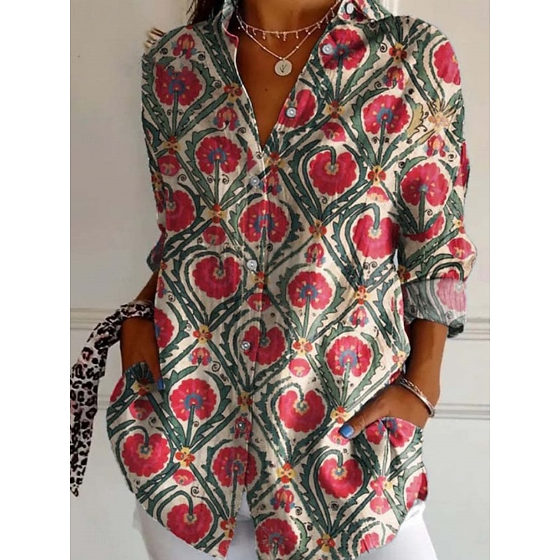 Women's Shirt Floral Stylish Modern Long Sleeve Shirt Collar Regular Tops Daily Holiday Buttons Print Black Yellow Sky Blue Green Summer