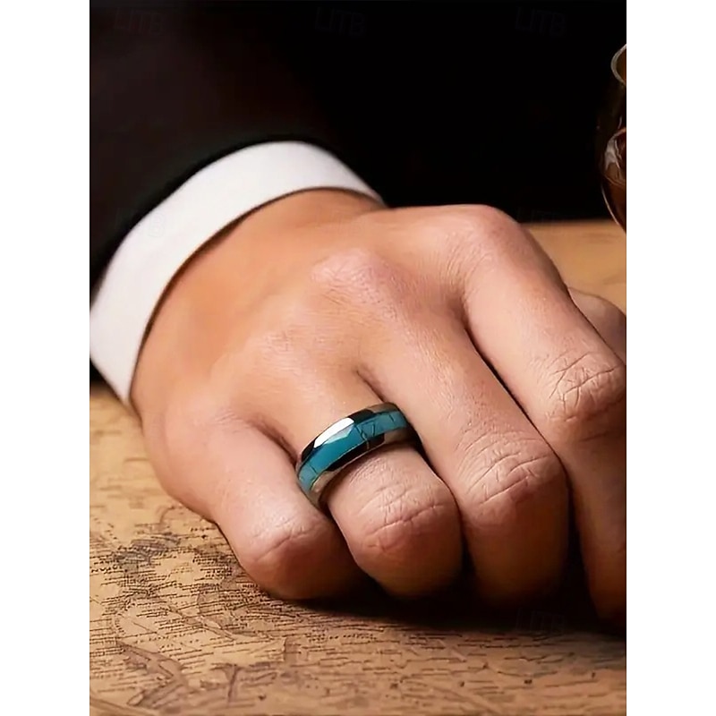 Men's Stainless Steel Blue Turquoise Inlay Ring, Polished Comfort Fit Band, Western Style Jewelry for Daily Wear, Weddings or Gifts3