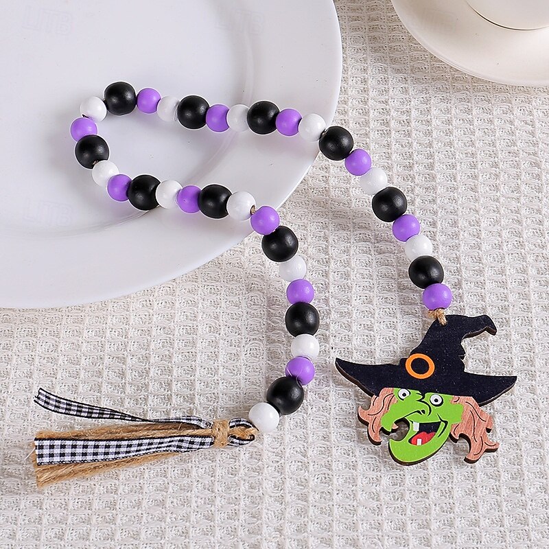 Halloween Wooden Bead Hanging Ornament, Creative Witch Castle Ornament, Spooky Ghost Festival Party Decor Bulk3