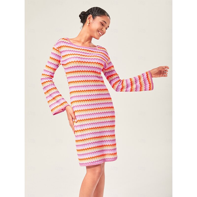 Women's Elegant Rainbow Wave Stretch Knit Fitted Mini Dress Chic Bodycon Style with Colorful Flair2