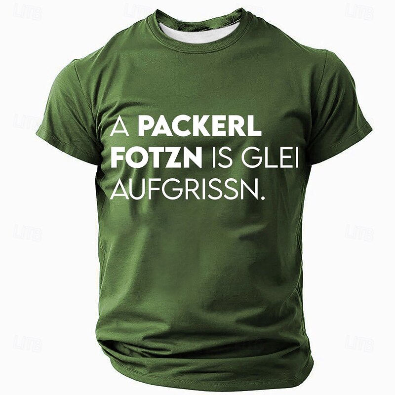Men's Funny German Graphic T-Shirt with 'A PACKERL FOTZN IS GLEI AUFGRISSN' Bavarian Slang Short Sleeve Tee