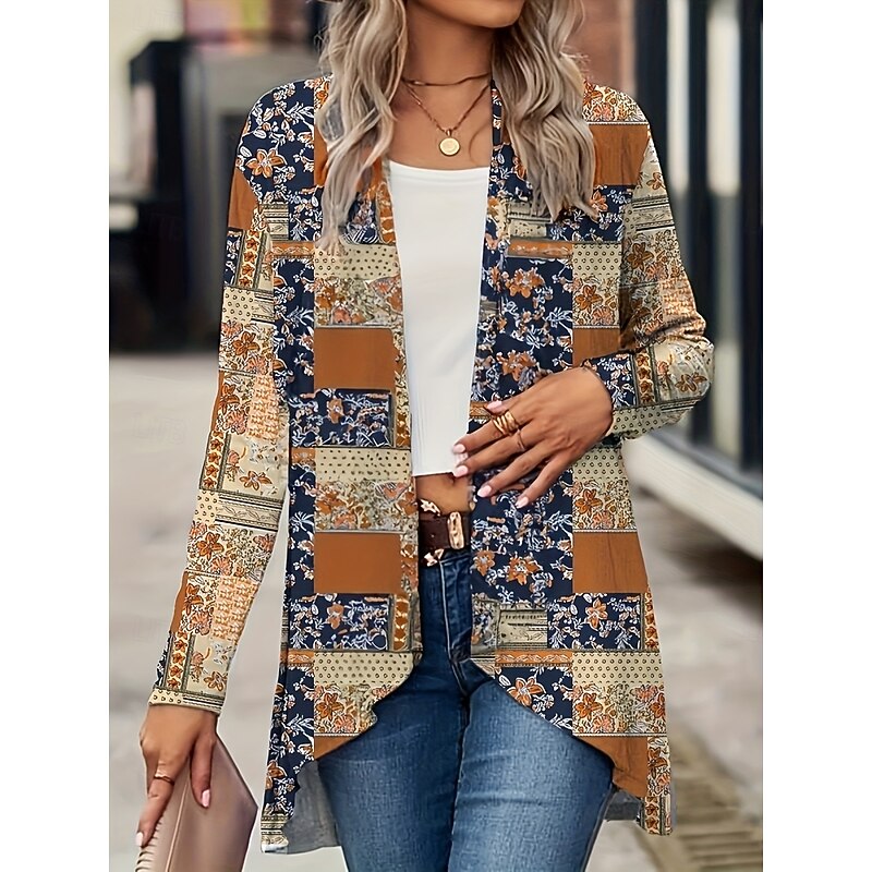 Women's Casual Jacket Breathable Comfortable Print Vintage Casual Floral Vacation Street Casual Daily Wear Open Front Regular Collarless Regular Fit Long Sleeve Outerwear Black And White Black Yellow3