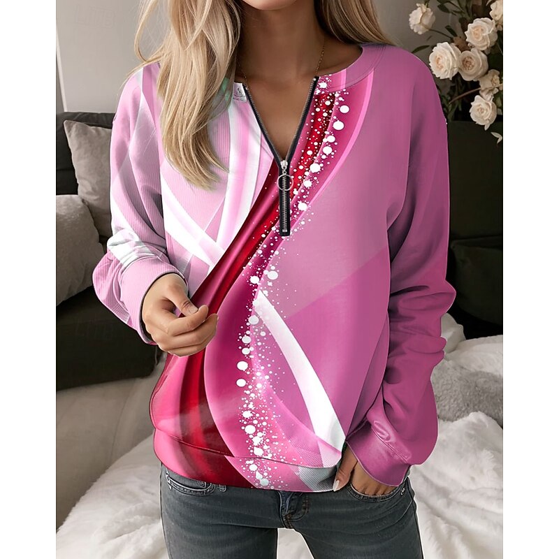Women's Quarter Zipper Sweater Graphic Geometric Abstract Casual Long Sleeve Crew Neck Regular Tops Street Dailywear Half Print Pink Blue Purple Green Fall Winter4