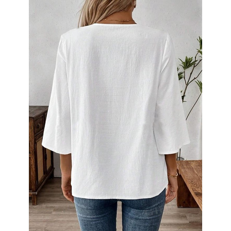 Women's Lace Shirt Solid Color Stylish Casual 3/4 Length Sleeve V Neck Regular Tops Daily Lace Patchwork White Red Blue Gold Summer Spring4