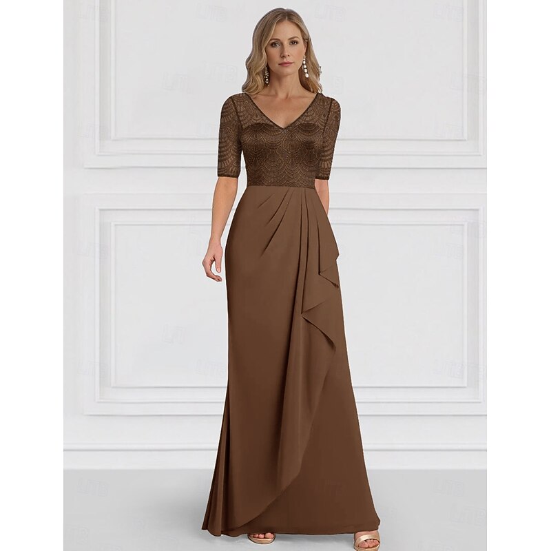 A-Line Mother of the Bride Dress Wedding Guest Elegant V Neck Floor Length Chiffon Half Sleeve with Ruffles Solid Color3