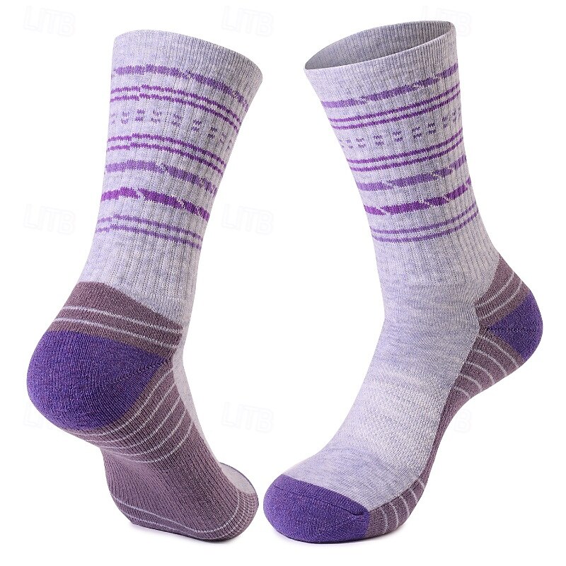1 Pair Women's merino wool socks Running Socks Sports Socks Thermal Warm Breathable Anti Blister Sweat-Wicking Outdoor mid crew Patchwork Wool Violet Black White for Running