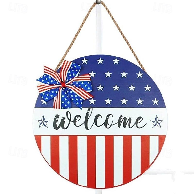 Patriotic Welcome Sign for Front Door 4th of July Independence Day Wreath Decorations  Outdoor Door Hanger for Porch, Wall, Window 12"3