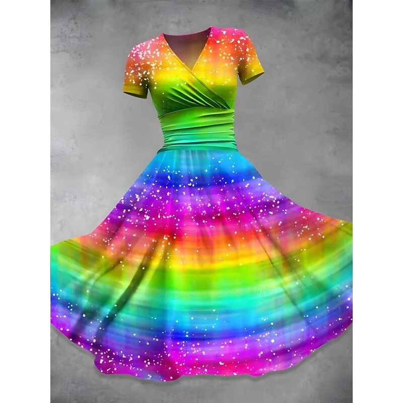 Women's Midi Dress A Line Dress Summer Dress Fit And Flare Dress Party Casual Daily Holiday Regular Fit Graphic Geometric Color Block Short Sleeve V Neck Black Purple Green Summer3