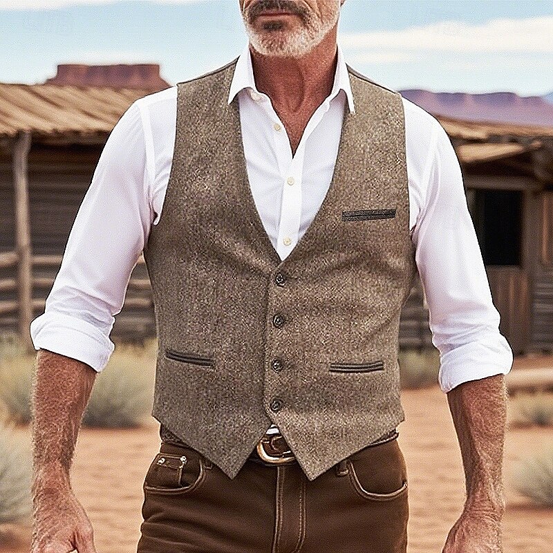 Men's Vest Waistcoat Gilet Vacation Party Business Vintage Summer Spring Buttons Polyester Comfortable Plain Single Breasted One-button V Neck Regular Fit Black Brown Light Grey Vest